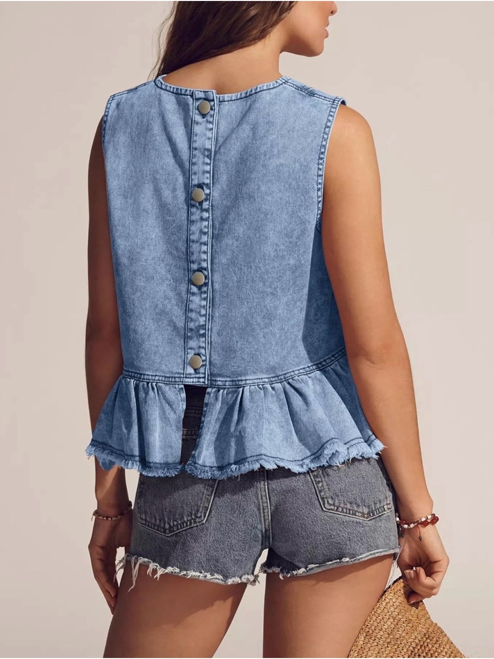 Women’s Light Blue Denim Ruffle-Hem Sleeveless Top - Picture 2 of 6